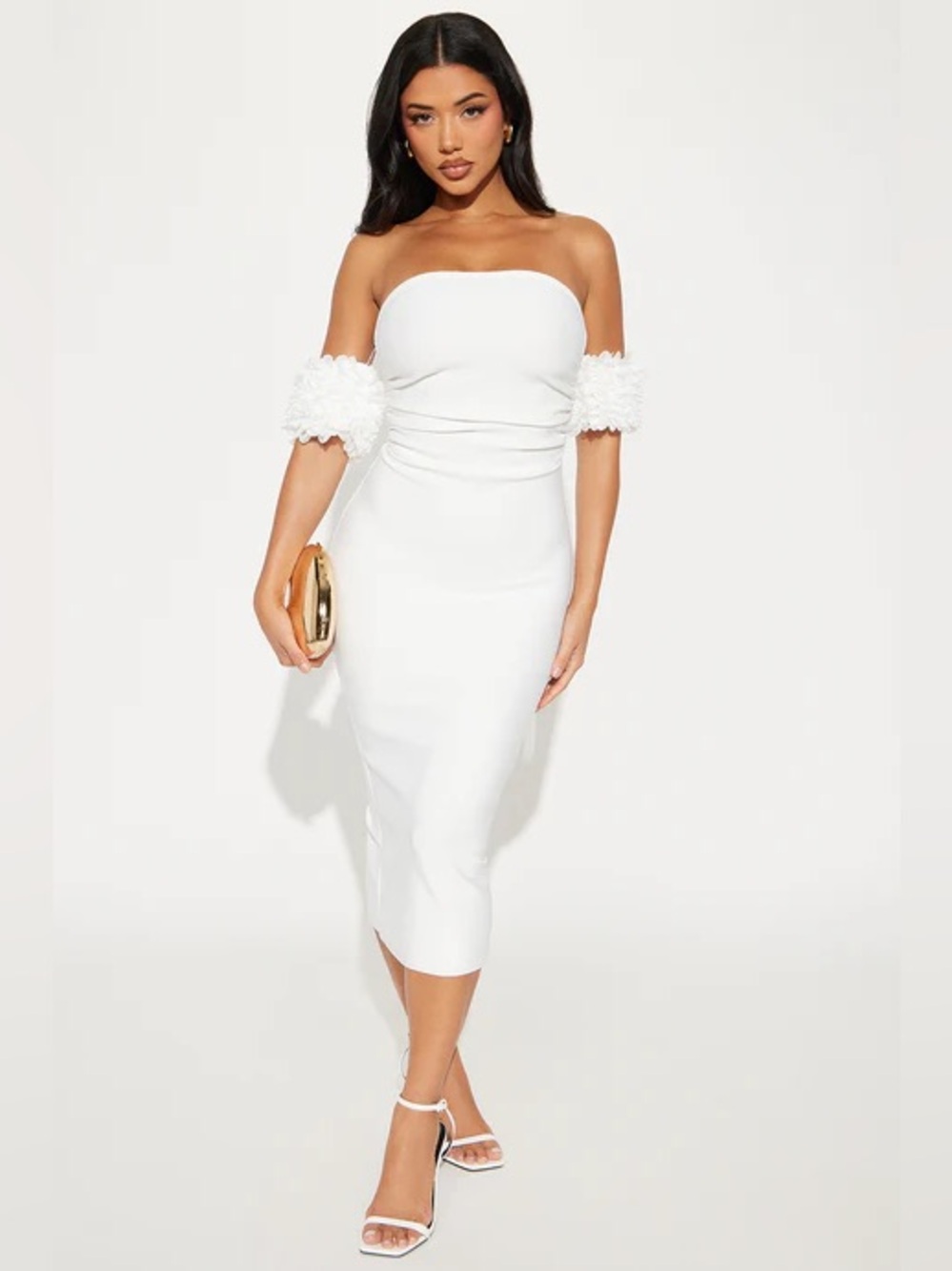 Fashion Nova White Bandage Strapless Midi Dress with Floral Off-Shoulder Cuffs